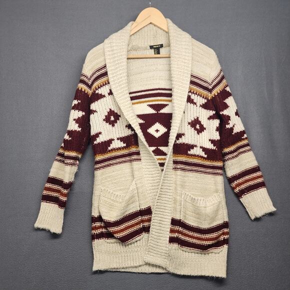 Forever 21 Cardigan Sweater Womens Small Cream Maroon Aztec Open Front Pockets - Picture 10 of 14